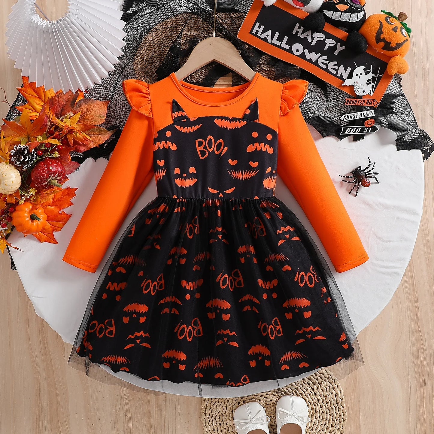 Prowow 2-8Y Kids Purple Halloween Dresses For Girls Long Sleeve Princess Mesh Spooky Spider Dress Children Halloween Costumes