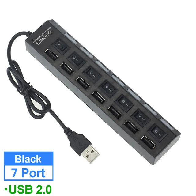7 Ports USB 2.0 Hub Usb HUB 2.0 Multi USB Splitter Hub Multiple USB Expander 2.0 USB Hub 7 in 1 with On/Off Switch For PC Laptop