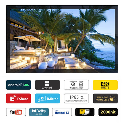 Soulaca Outdoor TV, 55" 4K Smart Outdoor TV, 2000 Nit High Brightness, IP65 Waterproof, Sunlight Readable Display