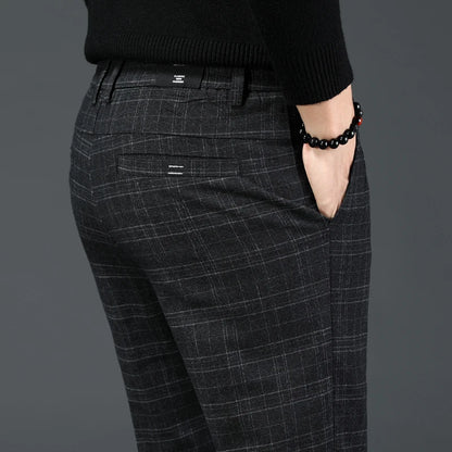 2023 New Men's Casual Plaid Pants Business Casual Slim Fit Dark Grey Classic Style Elastic Trousers Male Brand Clothes
