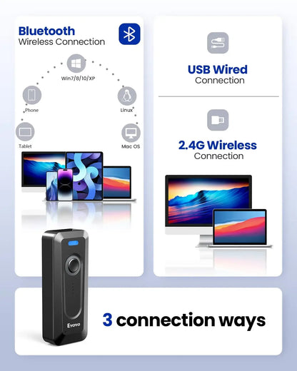 Scanner de codes-barres 2D Bluetooth Eyoyo, mini lecteur de codes QR portable sans fil avec clip et batterie 2000 mAh