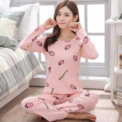 Autumn 2pieces Pyjamas Set Women Thin Sexy Sleepwear Lovely Home Suit 2025 Round Neck Girls Teacup SleepwearLong Sleeve Pajamas