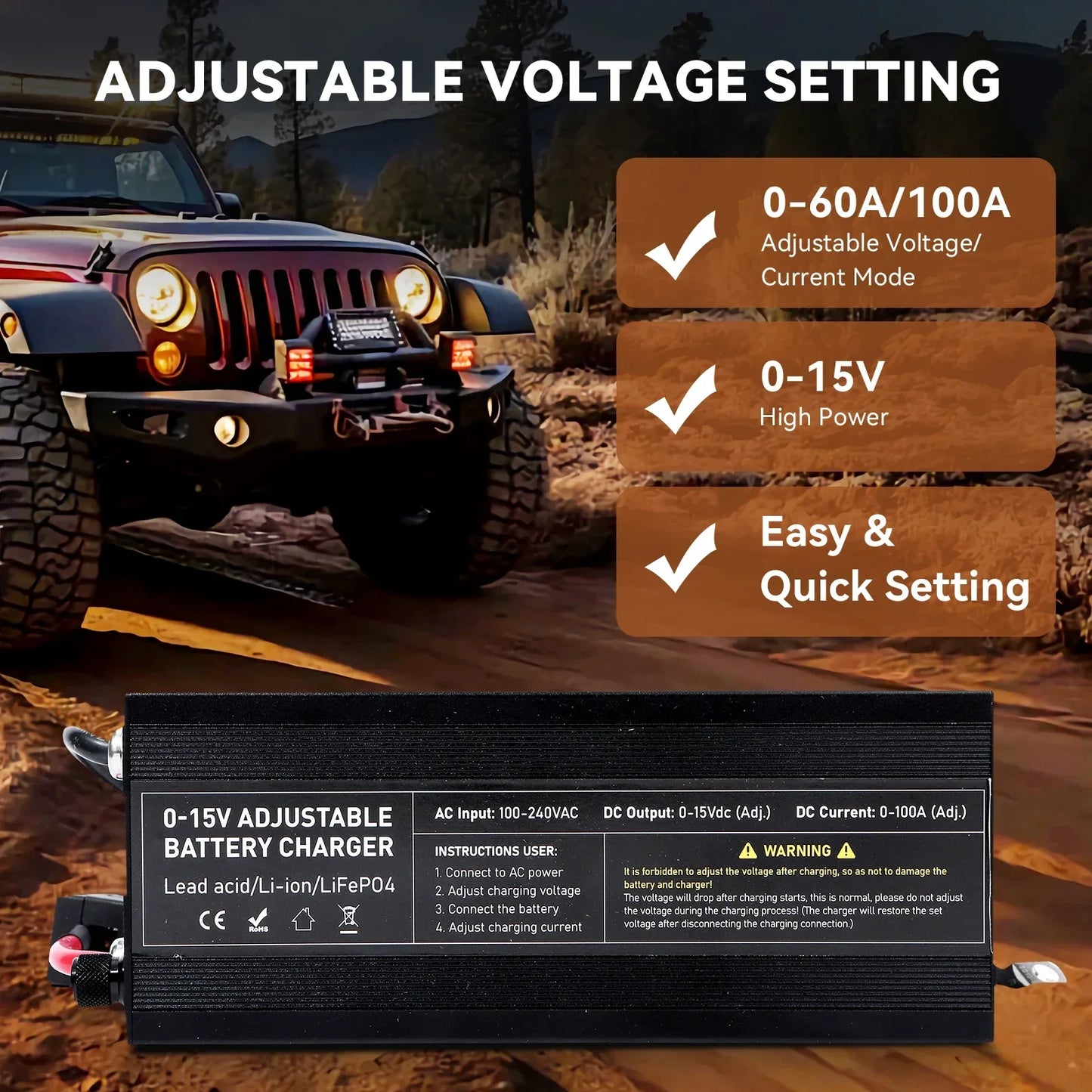 0-100V25A Lifepo4 Charger 24V48V64V72V Fast Charger Lithium Battery Charger 14.6V 100A 60A Battery Adapter Adjustable voltage