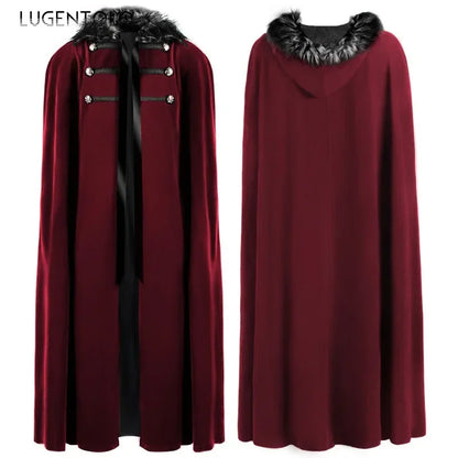 Men Punk Vintage Cape Casual Cloak Halloween Fur Collar Hooded Trench Medieval Costume Renaissance Party Autumn Winter Long Coat