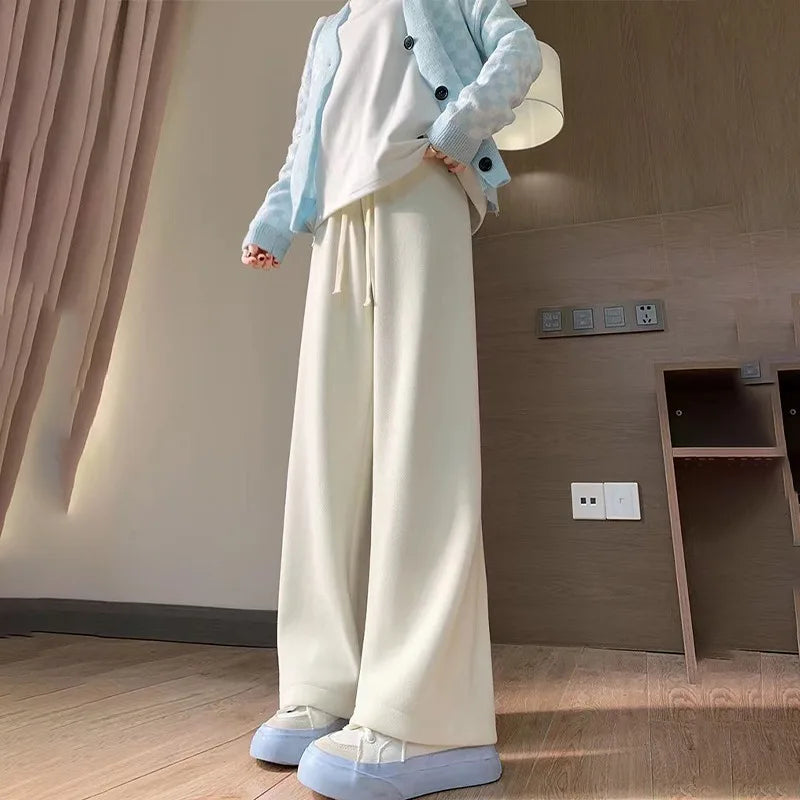 Autumn Winter Plush Pants Women  Soft Straight Tube Flared Pants High Elasticity Waist Casual Fashion Knited Woolen Pants