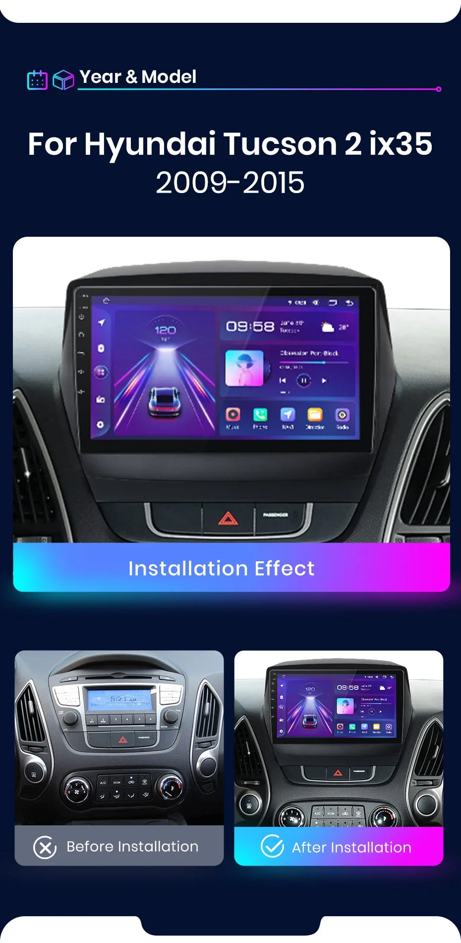 Junsun Android Wireless CarPlay Auto Car Radio For Hyundai Tucson 2 ix35 2009-2015 Car Intelligent Systems DSP SWC RDS GPS FM BT