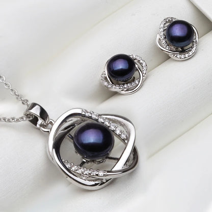 Ensemble collier et boucles d'oreilles en argent sterling 925 véritable pour femme, style classique, avec pendentif en perles naturelles blanches, noires et grises, idéal comme cadeau.