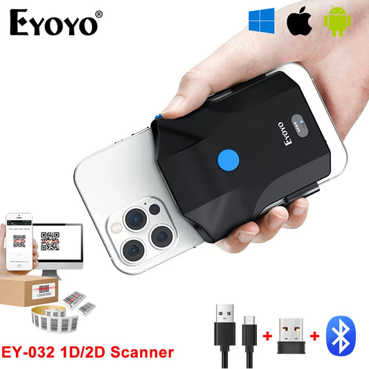 Eyoyo EY-032 Bluetooth Barcode Scanner Back Clip 1D 2D Bar Code Reader with Image Scanning For UPC Library Warehouse Inventory