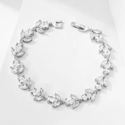 Bracelets de mariage ZAKOL de luxe en zircone cubique AAA pour femmes, bracelet jonc de haute qualité couleur or blanc avec breloque feuille
