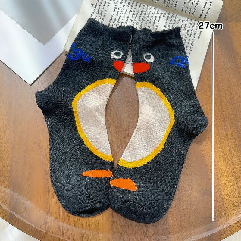 1/2Pairs Autumn and Winter Season Trendy Cartoon Cute Original Versatile Animal Colorful Pattern Simple Penguin Middle Socks