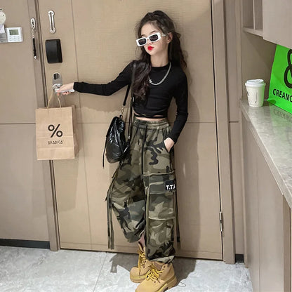 Girls Camouflage Pants Kids Fashion Casual High waisted wide leg pants 2025 Spring Fall ClothesTeen Girl Trousers 8 10 12 14Y