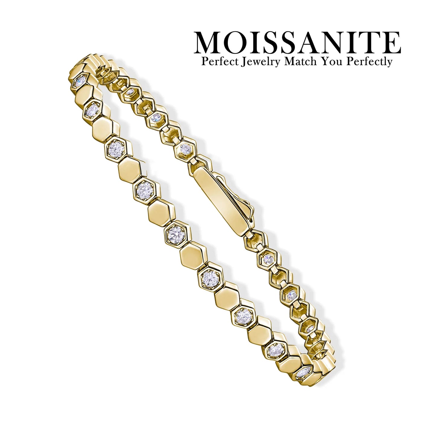 Bracelet tennis hexagonal en argent sterling 925 plaqué or 14 carats et moissanite, pour femme. Bijou géométrique scintillant aux couleurs chatoyantes. Idée cadeau.