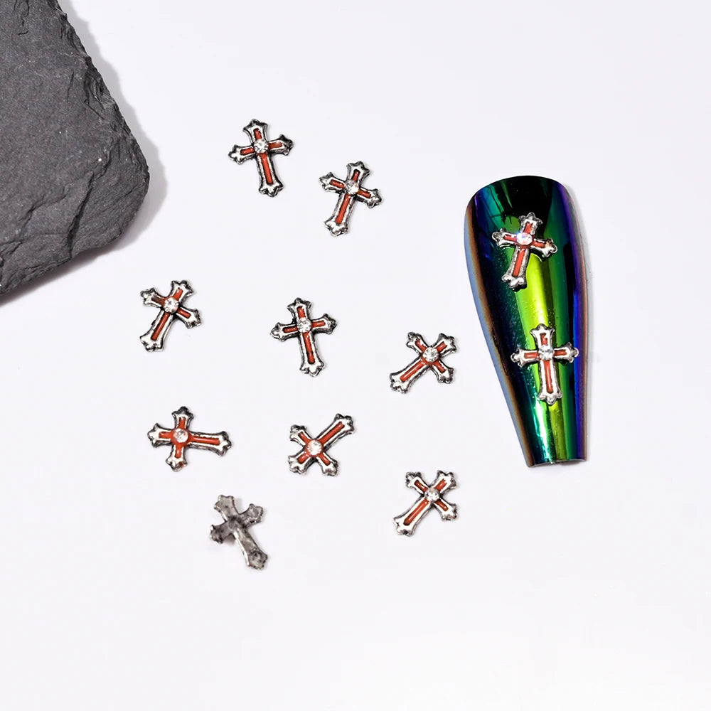 Lot de 10 breloques pour ongles squelette en métal, motif Halloween, accessoires de manucure DIY, décoration crâne et croix.