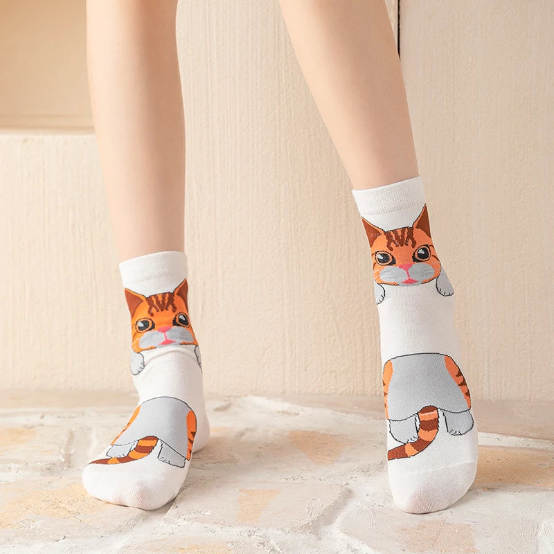 1/5 Pairs New Arrivals Women Socks Cartoon Animal Cat Spring Autumn Kawaii Comfortable School Girls Female Casual Funny Socks