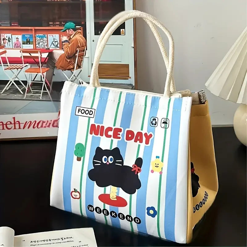 Cute Kitten Lunch Box Bag Student Hand-Held Aluminum Foil Insulated Lunch Box Bag Large Capacity Lunch Box Bag