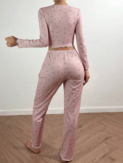 Pajamas Set Women Sleepwear Winter Autumn Floral Print Long Sleeve Tops and Long Pants 2 Pieces Set Casual Loungewear