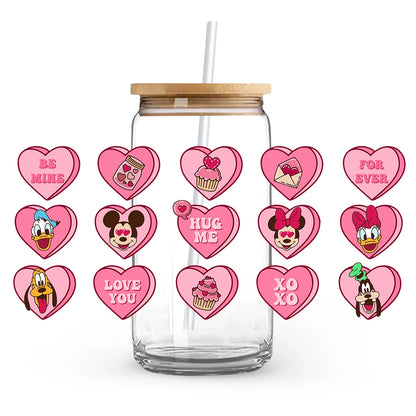 Valentine's Day cartoon Mickey Minnie Stitch Love 16oz Glass Cup UV DTF Transfer Film High-Quality Wraps Transfer Decals
