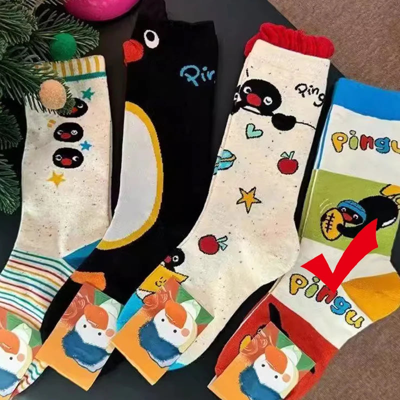 1/2Pairs Autumn and Winter Season Trendy Cartoon Cute Original Versatile Animal Colorful Pattern Simple Penguin Middle Socks