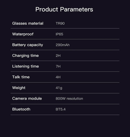 Lunettes intelligentes avec traduction IA, prise de photos, reconnaissance d'objets, caméra 4K, Bluetooth, musique, appels et enregistrement intelligent.