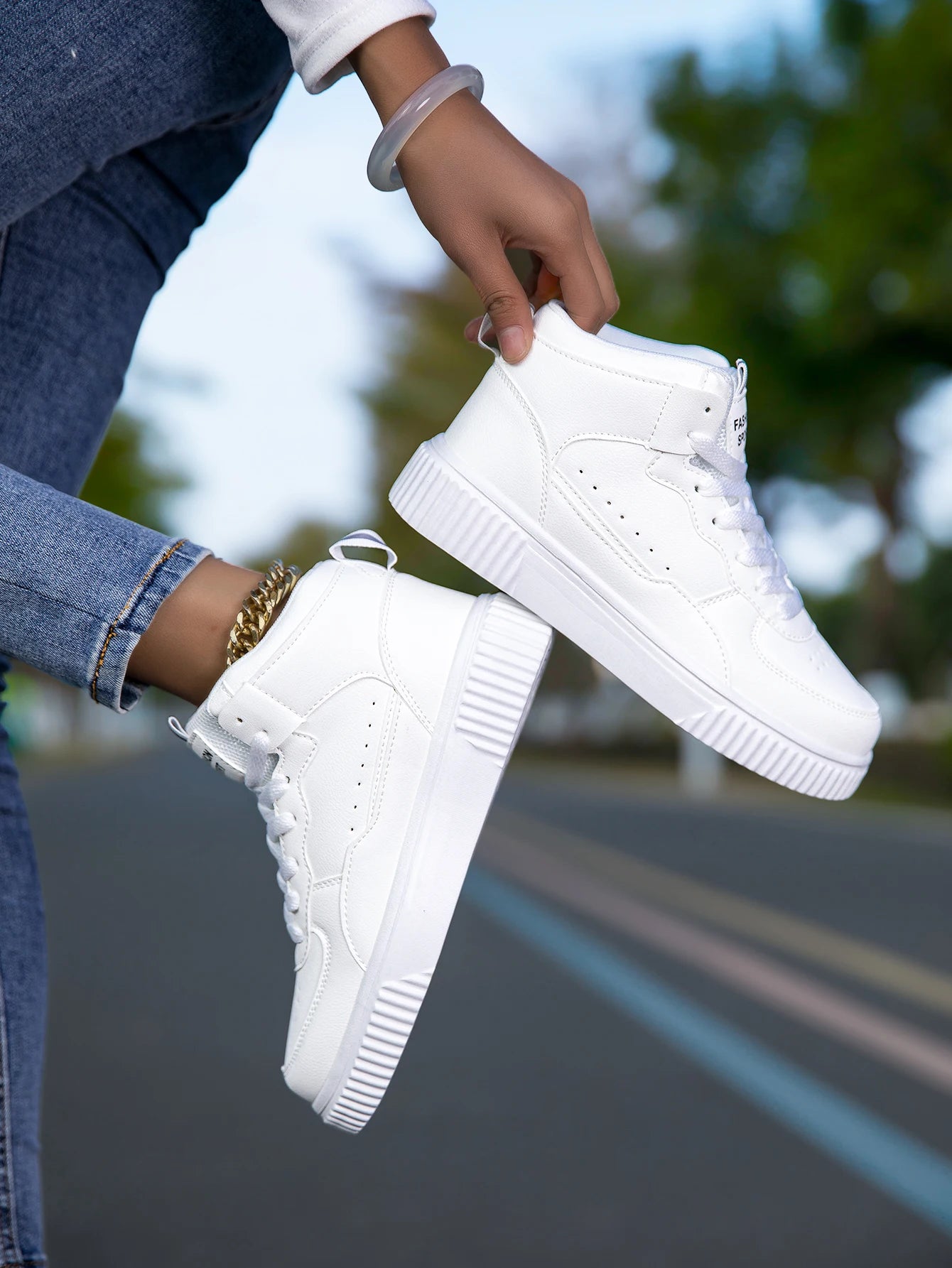 HKDQ Blue High Top Sneakers Unisex Non Slip Platform Men's Skate Shoes Spring Autumn Casual Leather Skateboard Shoes For Women