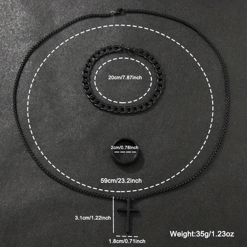 4-piece/set men's black minimalist quartz watch set with bracelet, necklace, and ring -