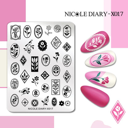 NICOLE DIARY Rose Flower Nail Stamping Plates Image Template Valentine's day Love Heart Printing Stencil Nail Art Manicure Tools