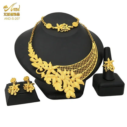 Luxury Ethiopian Multilayer 24k Gold Color Jewelry Set  For Women Wedding Dubai Necklace And Earrings Sets Indian Bridal