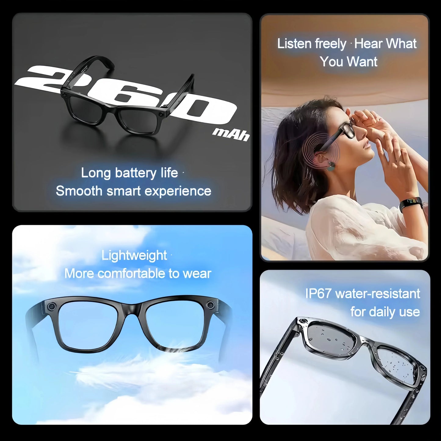 Lunettes de soleil intelligentes 2025 avec intelligence artificielle, caméra vidéo 8 MP, traduction, appels Bluetooth, lecture de musique, enregistrement vidéo (plus de 100 vidéos) pour hommes et femmes.