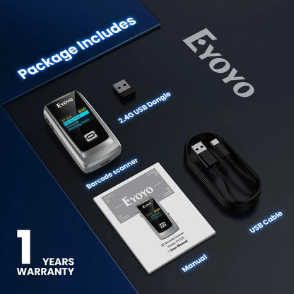 Scanner de codes-barres EYOYO Bluetooth QR 2D 1D avec écran LED, lecteur de codes-barres laser sans fil pour paiements mobiles iOS, Android et Windows.