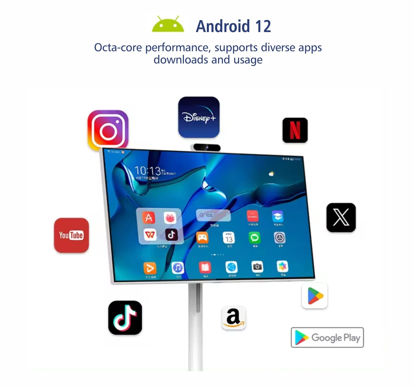 Téléviseur portable sans fil avec écran tactile 21,5 pouces, rechargeable et rotatif à 360°.