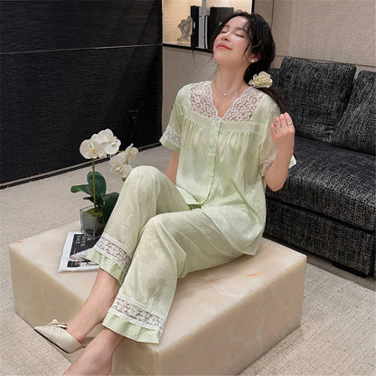 Pajamas Sets for Women Sexy Lace V-Neck Satin Patchwork Pijama Sets Sleepwear Female Ice Silk Pyjamas Home Clothing