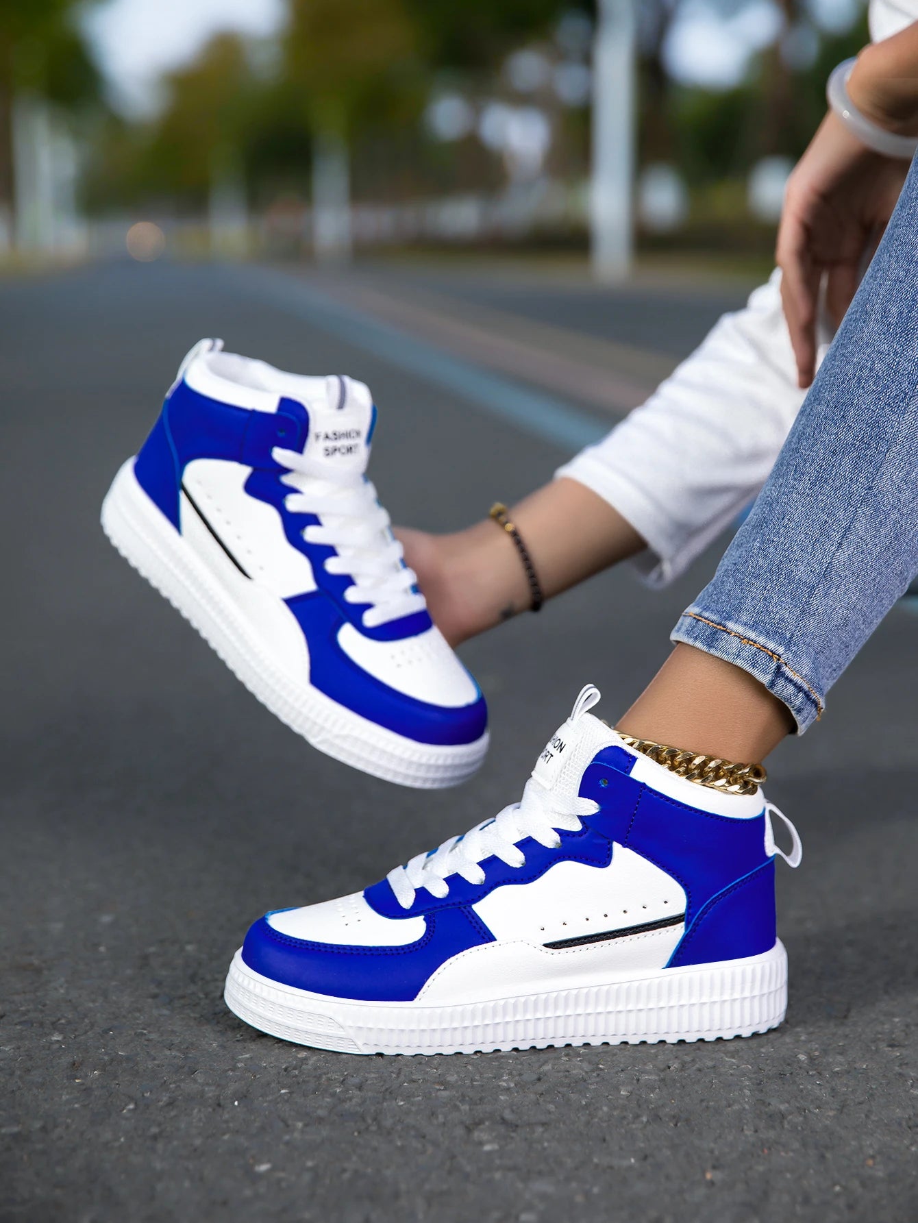 HKDQ Blue High Top Sneakers Unisex Non Slip Platform Men's Skate Shoes Spring Autumn Casual Leather Skateboard Shoes For Women