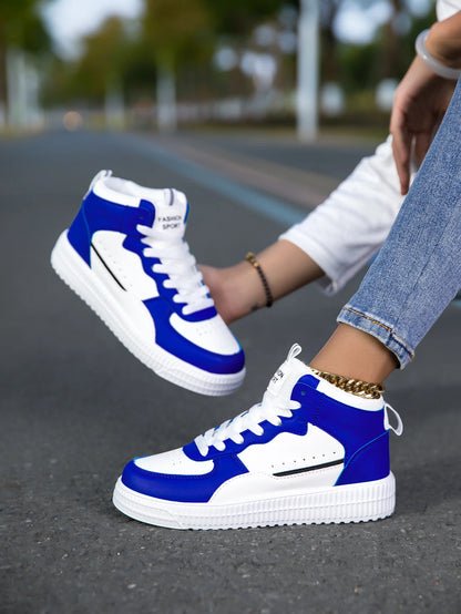 HKDQ Blue High Top Sneakers Unisex Non Slip Platform Men's Skate Shoes Spring Autumn Casual Leather Skateboard Shoes For Women