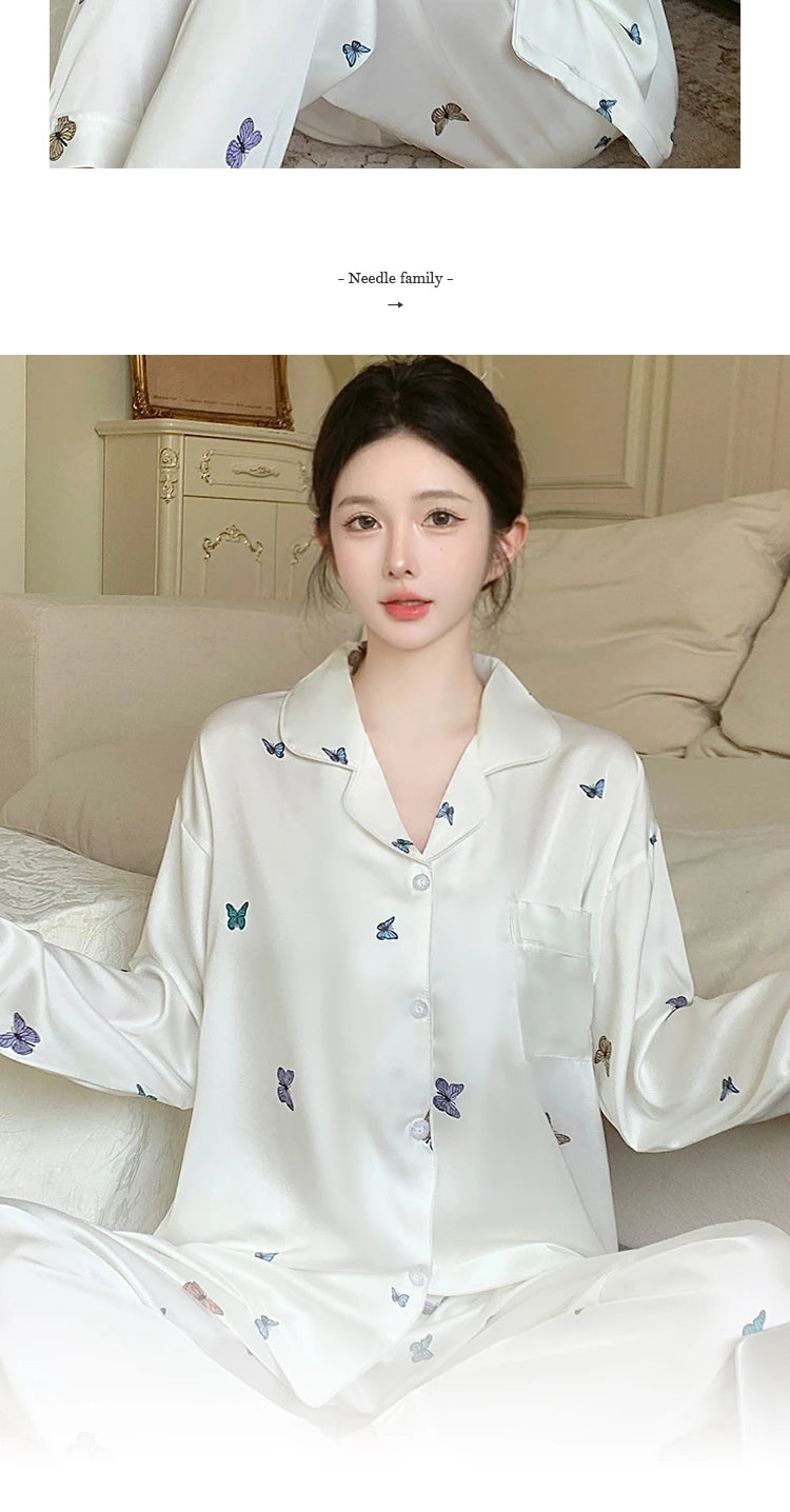 French Elegant Romantic Butterfly Print Women Pajamas Simple Ins Literary Aesthetics Sleepwear 2024 Fall Winter New Y2k Lounges