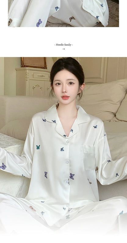 French Elegant Romantic Butterfly Print Women Pajamas Simple Ins Literary Aesthetics Sleepwear 2024 Fall Winter New Y2k Lounges