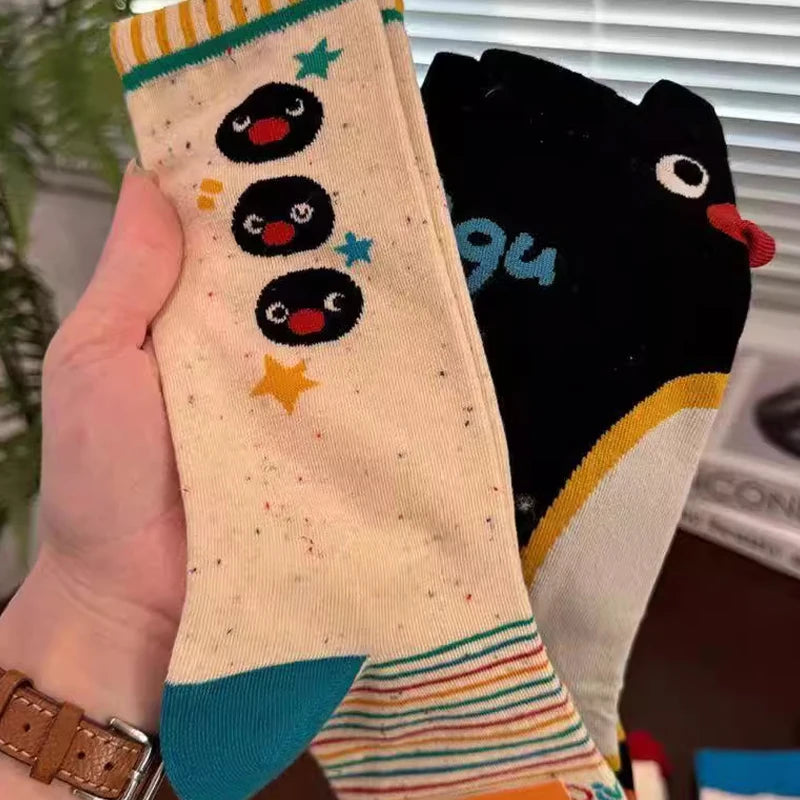 1/2Pairs Autumn and Winter Season Trendy Cartoon Cute Original Versatile Animal Colorful Pattern Simple Penguin Middle Socks