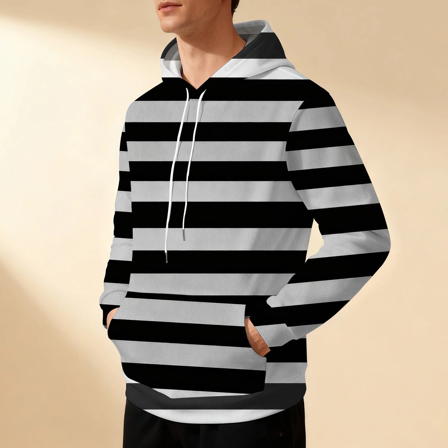 Sweat-shirt à capuche rayé pour homme avec cordon de serrage, sportif, décontracté, élégant, polyvalent et confortable, parfait pour les trajets quotidiens.