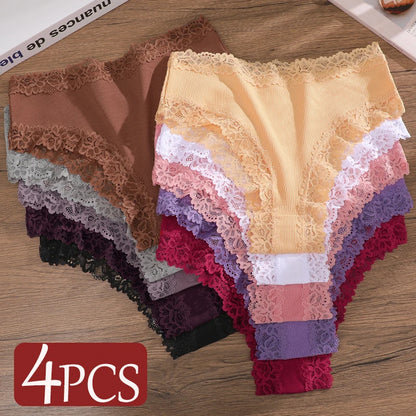 4Pcs/Set Seamless Cotton Brazilian Pants For Women Elastic High Waist Breathable Underpants Ladies Lace Panties Sexy Lingerie