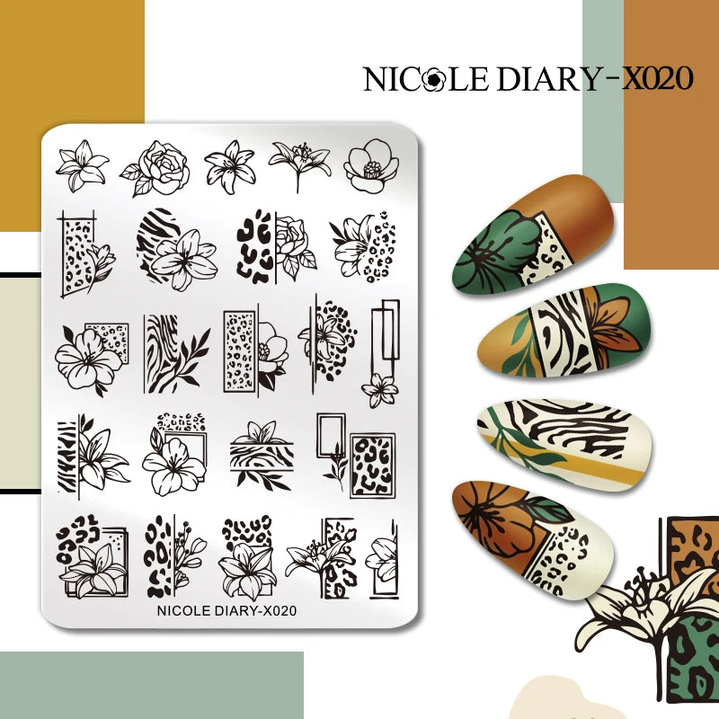 NICOLE DIARY Rose Flower Nail Stamping Plates Image Template Valentine's day Love Heart Printing Stencil Nail Art Manicure Tools