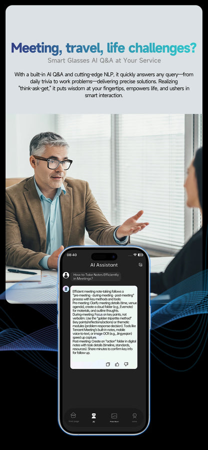 Lunettes intelligentes 8 mégapixels, enregistrement vidéo, reconnaissance photo IA, traduction de réponses, batterie 270 mAh, étanche IP65, Bluetooth