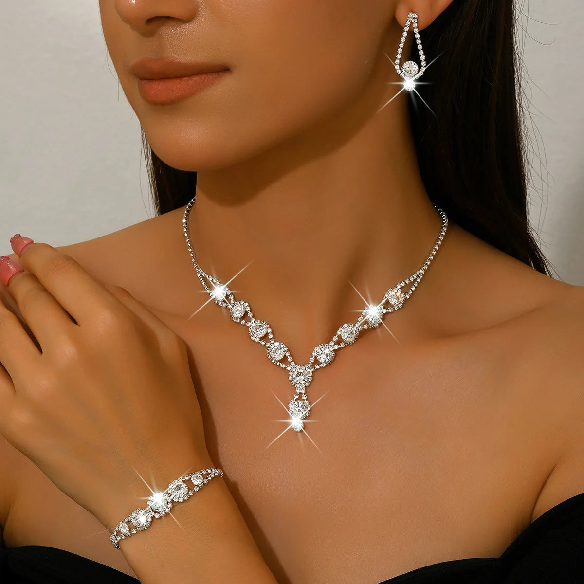 4PCS Fashion Elegant Crystal Jewelry Sets for Women Rhinestones Necklace Ring Earrings Bridal Wedding Party Jewelry Sets