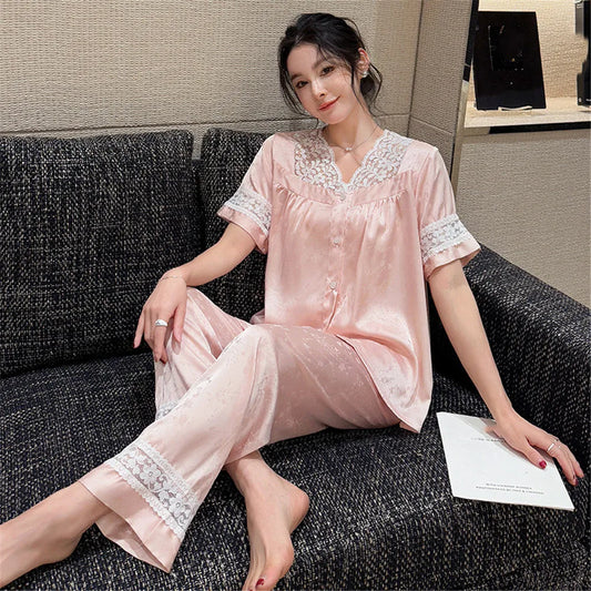 Pajamas Sets for Women Sexy Lace V-Neck Satin Patchwork Pijama Sets Sleepwear Female Ice Silk Pyjamas Home Clothing