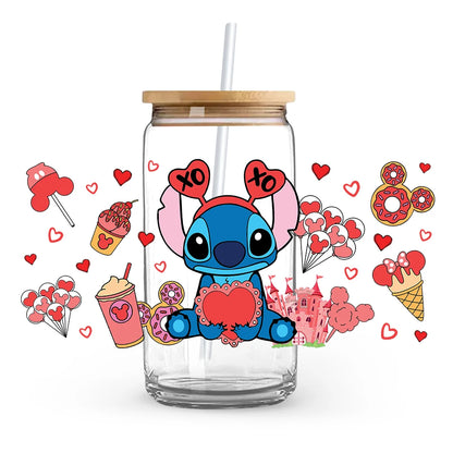 Valentine's Day cartoon Mickey Minnie Stitch Love 16oz Glass Cup UV DTF Transfer Film High-Quality Wraps Transfer Decals