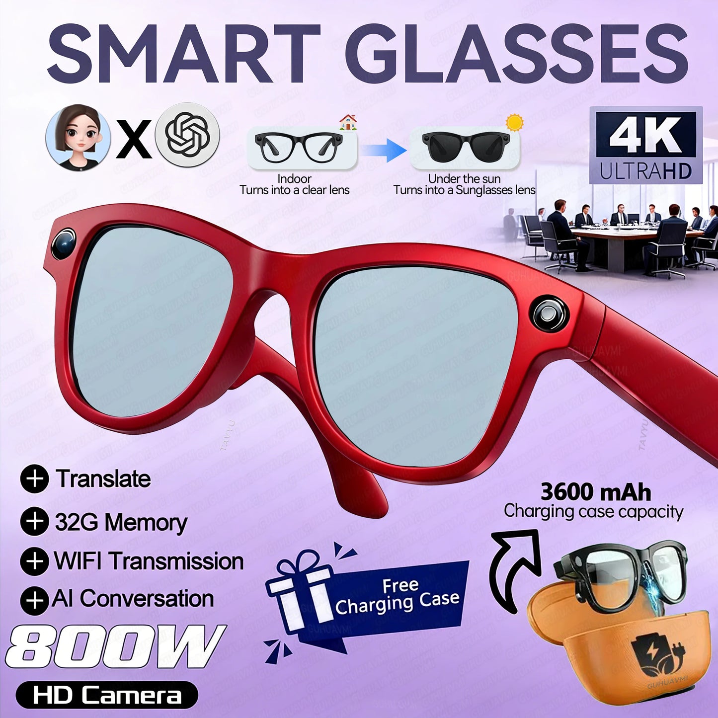 2026 Smart Glasses Women 3600mAh Power Bank 800W Camera 120+Languages Translation Recording Videos Music Player Call Glasses Men