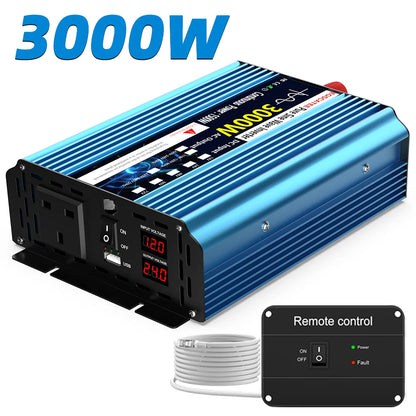 Convertisseur de puissance à onde sinusoïdale pure 3000 W CC 12 V/24 V CA 240 V (prise britannique) - Convertisseur de fréquence 50 Hz pour voiture solaire - Transformateur LED