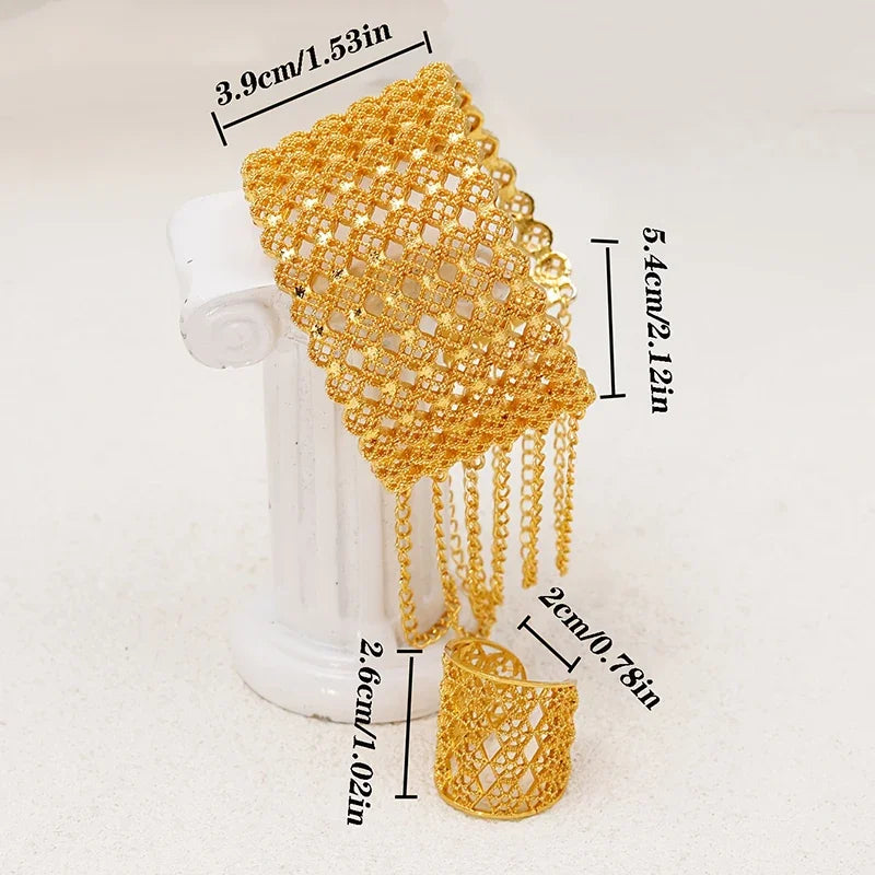 Women's Gold-Plated Hollow Metal Cuff Bangle Alloy Jewelry Set Pearl Ring for Weddings Engagements Personalities' Gift