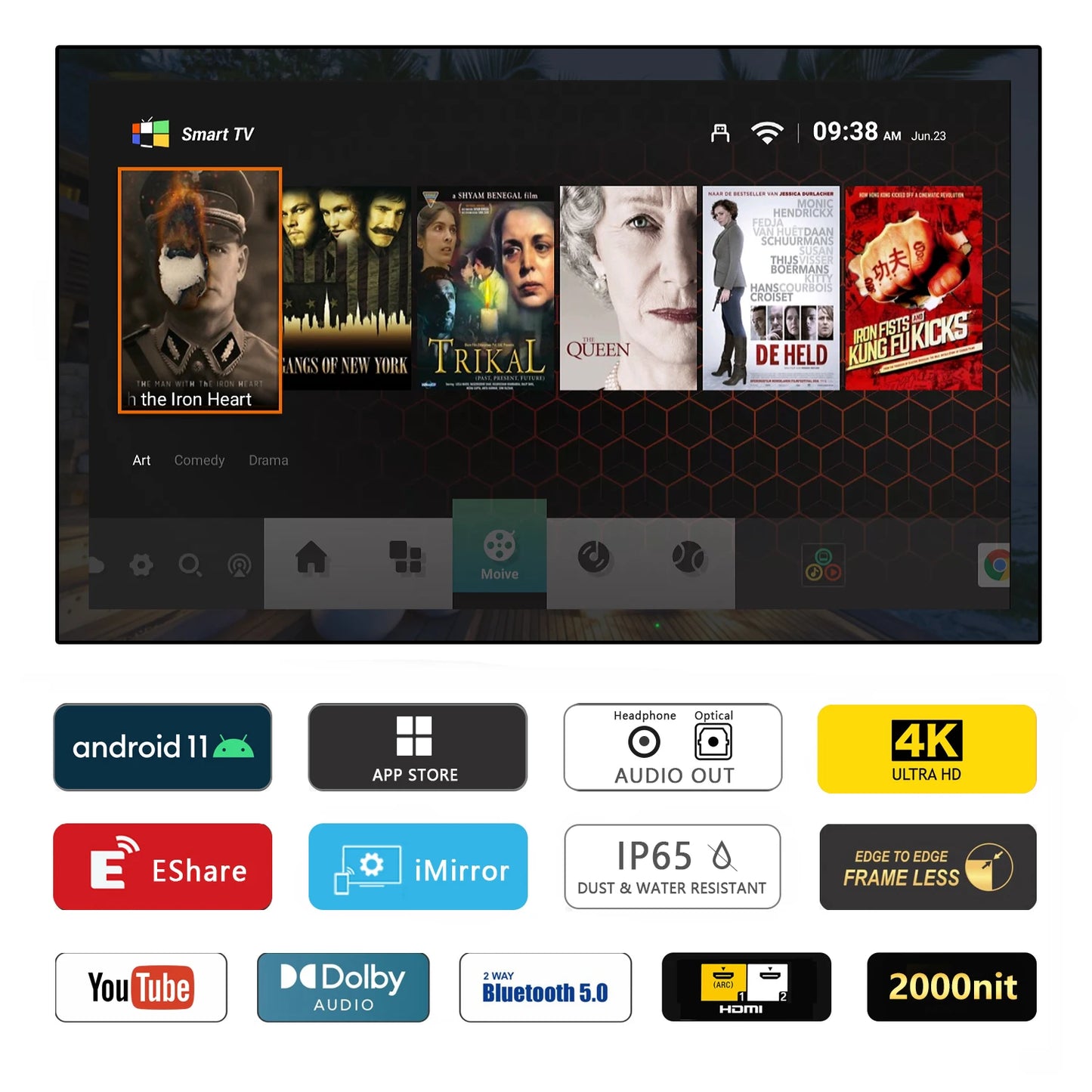 Soulaca Outdoor TV, 55" 4K Smart Outdoor TV, 2000 Nit High Brightness, IP65 Waterproof, Sunlight Readable Display