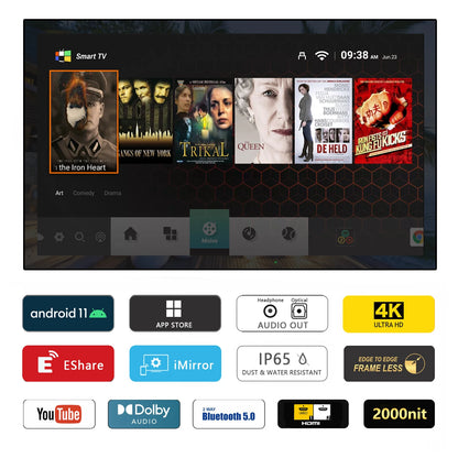 Soulaca Outdoor TV, 55" 4K Smart Outdoor TV, 2000 Nit High Brightness, IP65 Waterproof, Sunlight Readable Display