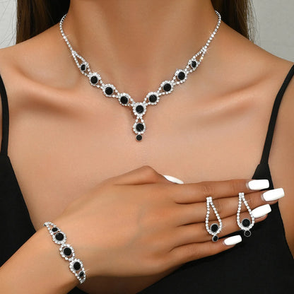 4PCS Fashion Elegant Crystal Jewelry Sets for Women Rhinestones Necklace Ring Earrings Bridal Wedding Party Jewelry Sets