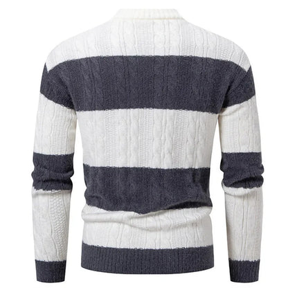 Pull en maille patchwork à col montant pour homme, rayé, décontracté et tendance, idéal pour l'automne et l'hiver.